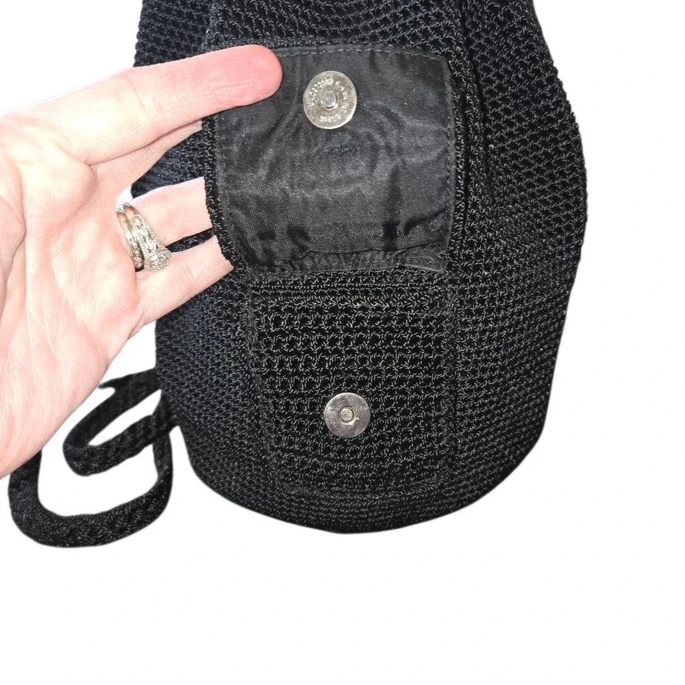 The Sak Black Crochet Front Pocket Drawstring‎ Bucket Bag Backpack 12